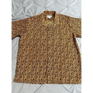 Haband mens XL Shirt Orange Dark Brown print button down Short Sleeve